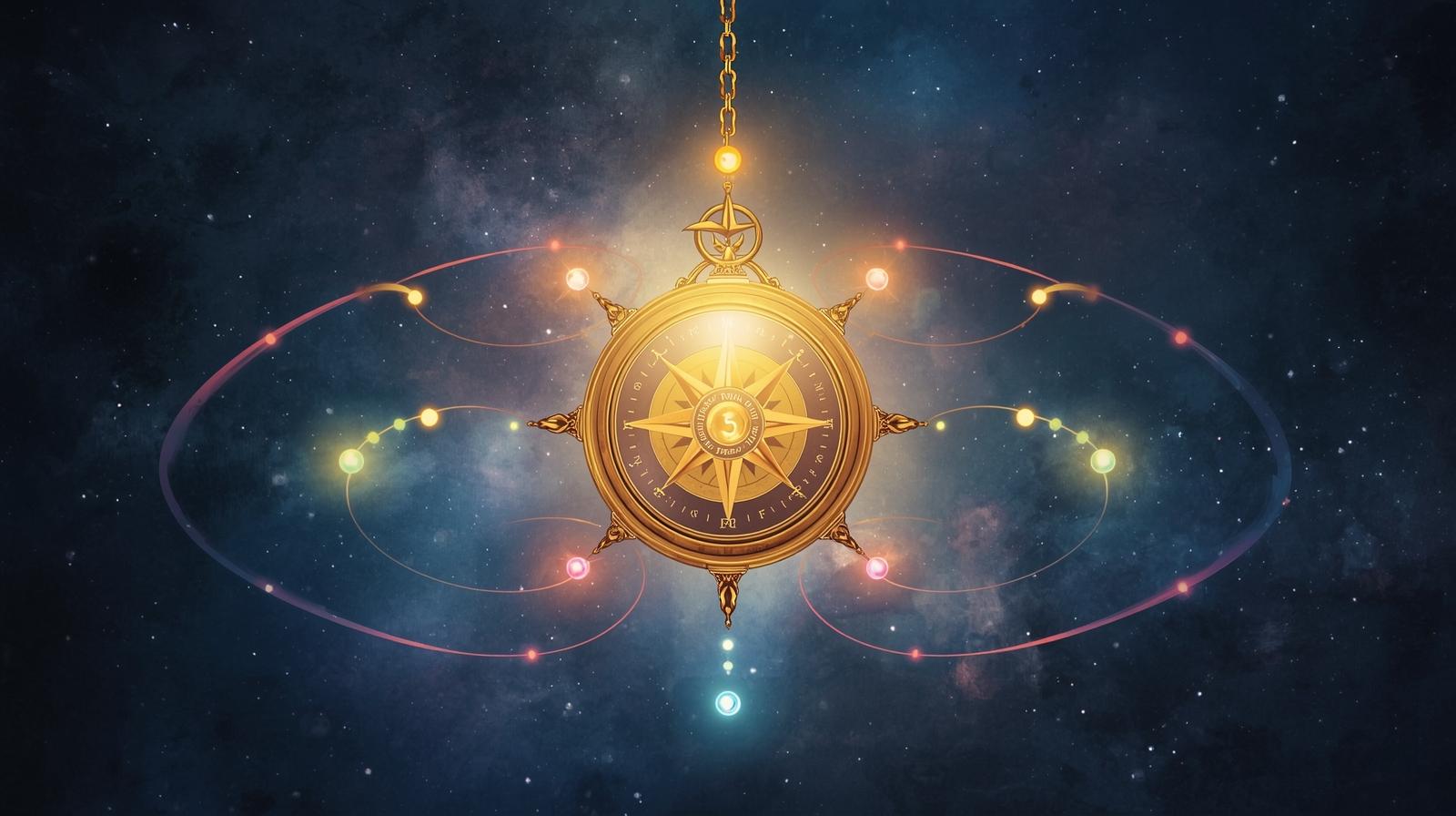 宇宙空間に浮かぶ輝く方位盤と9つの星のイラスト