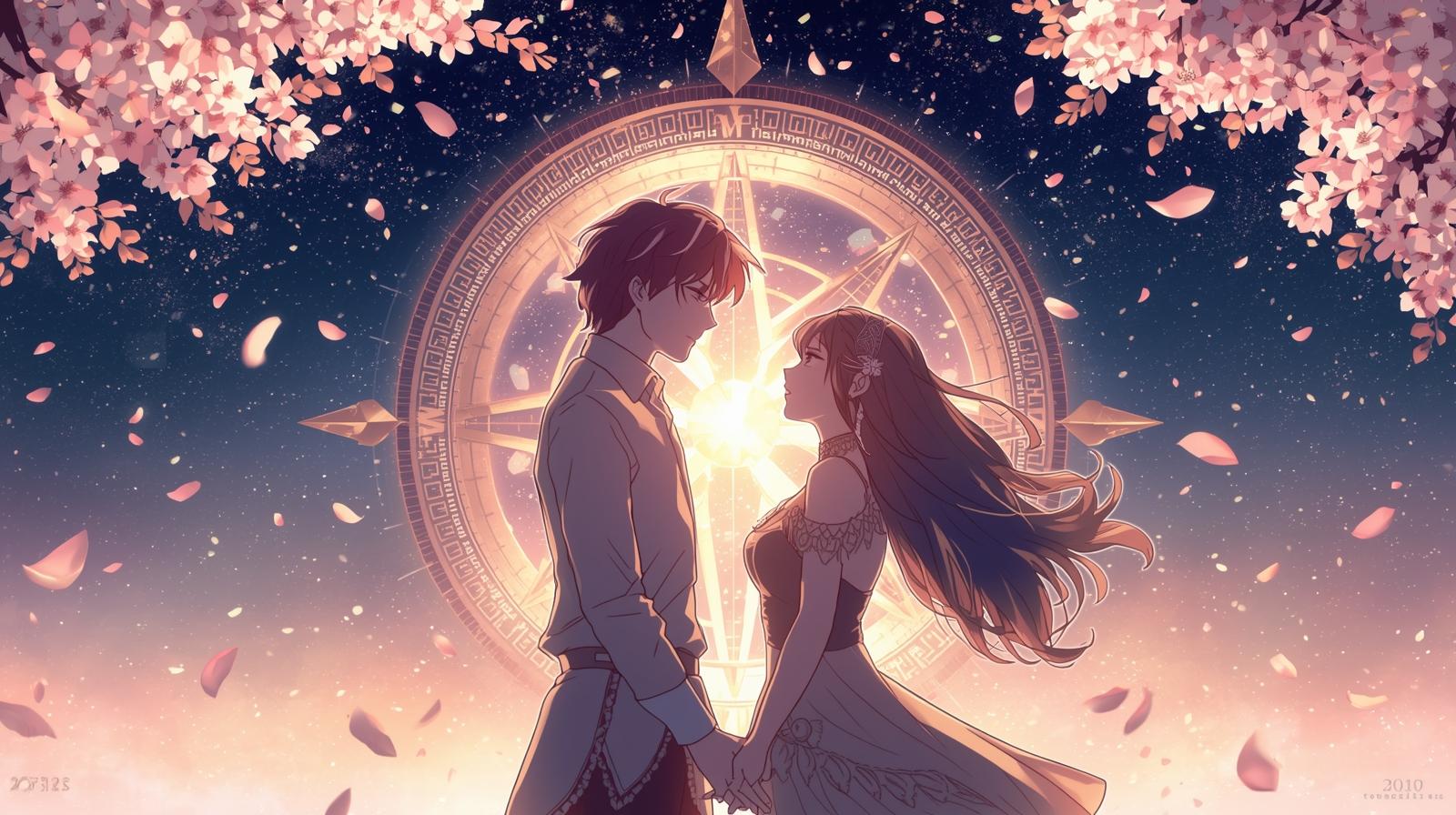 夜桜と方位盤を背景にしたカップルのシルエット