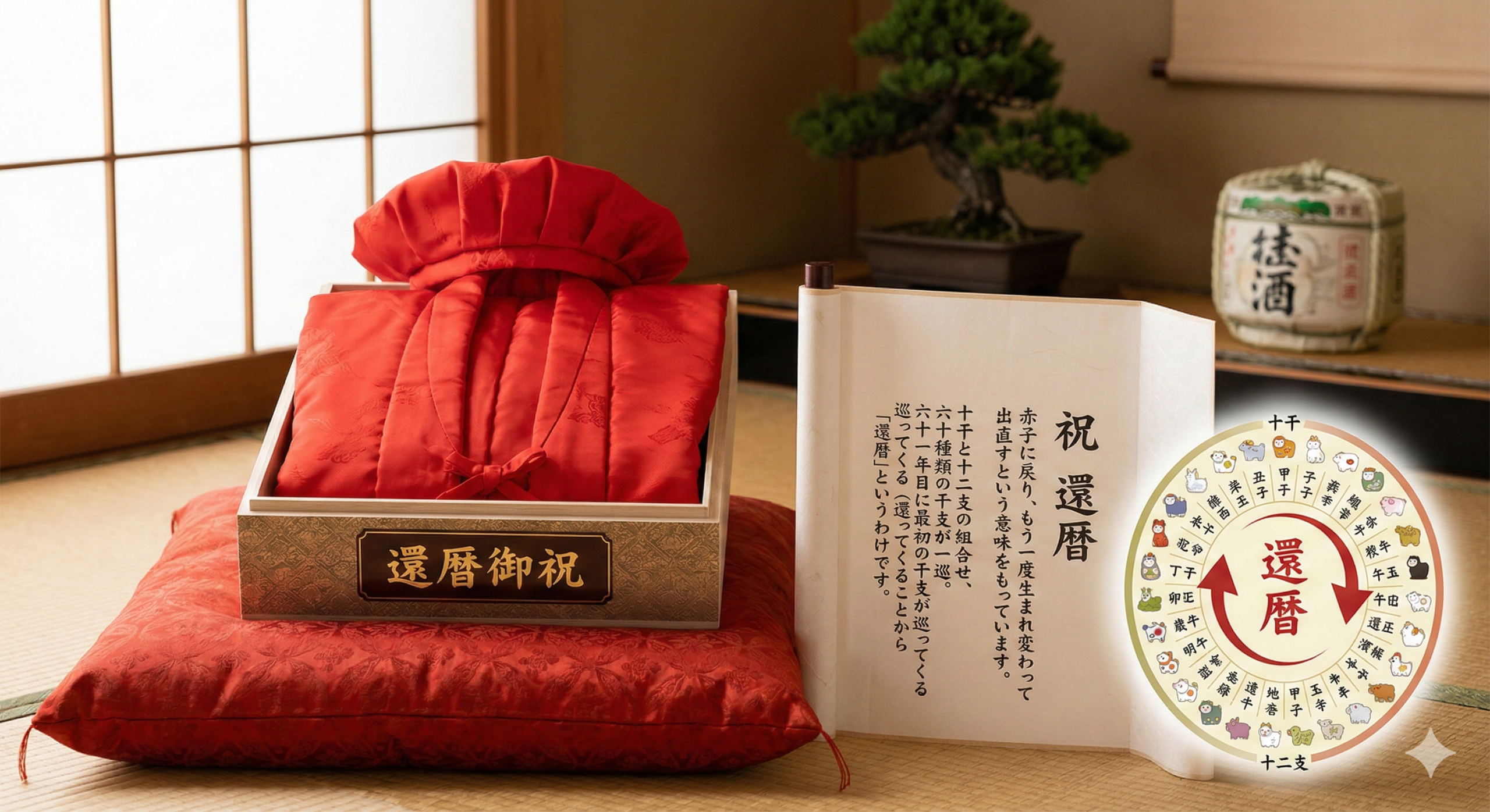 「畳の部屋に置かれた赤い座布団と、桐箱に入った還暦祝いの赤いちゃんちゃんこと頭巾。横には還暦の由来を記した巻物と、十干十二支の周期を示す円形の図解が添えられている。」