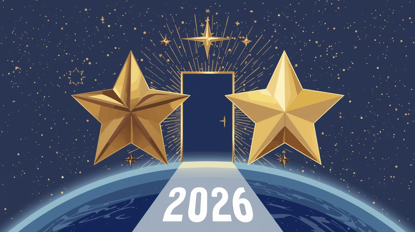2つの輝く星が2026年への扉に向かうイメージ