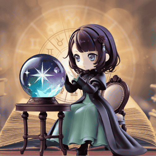 四柱推命の命式盤を机に広げ、相談者の運勢を真剣な表情で読み解いている「占い師こーり」のキャラクターイラスト。