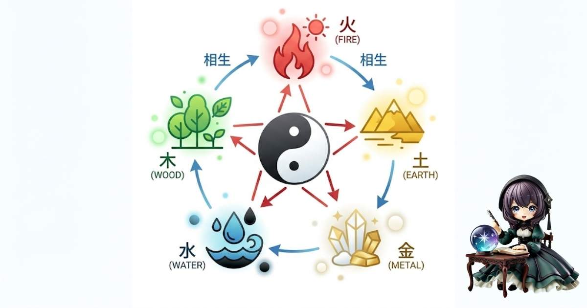 陰陽五行の図解。中央の陰陽マークを木・火・土・金・水の五行アイコンが囲む様子