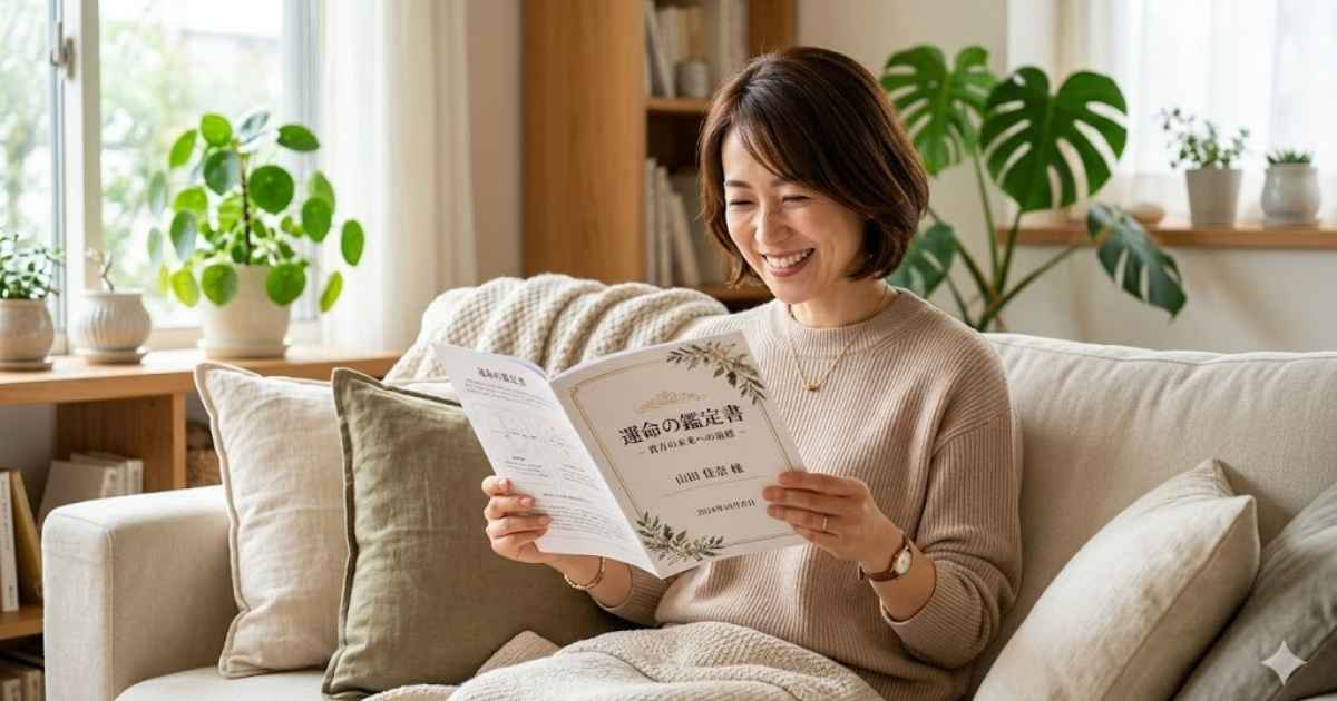 上品なデザインの鑑定書（PDF冊子）を嬉しそうに読みながら、前向きな表情で微笑んでいる30代後半の女性